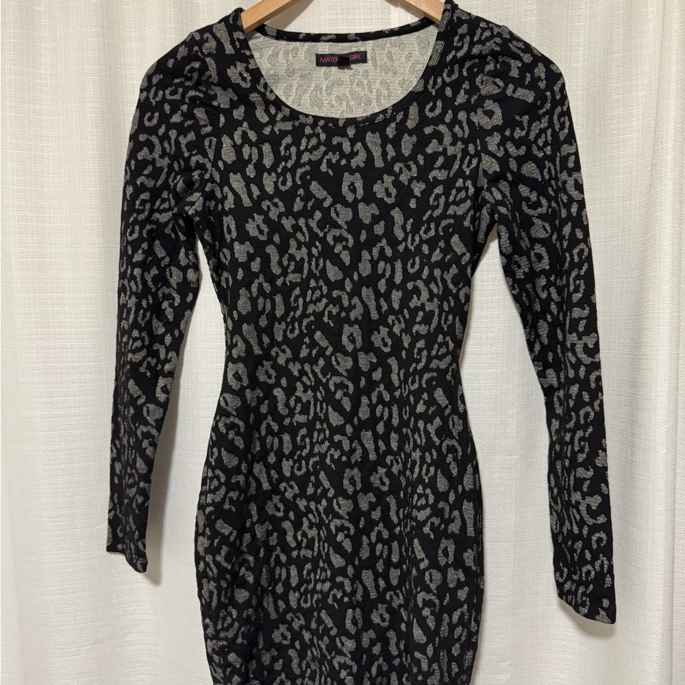 Material Girl Black and Gray Bodycon Dress Scoop Neck Long Sleeve Leopard Print